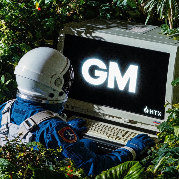 An astronaut in a spacesuit works at a vintage computer terminal nestled in lush foliage, with the screen displaying "GM" and an "HTX" logo. The image playfully echoes the "GM Morning morning morning!" message, blending retro sci-fi aesthetics with a celebratory Friday greeting.