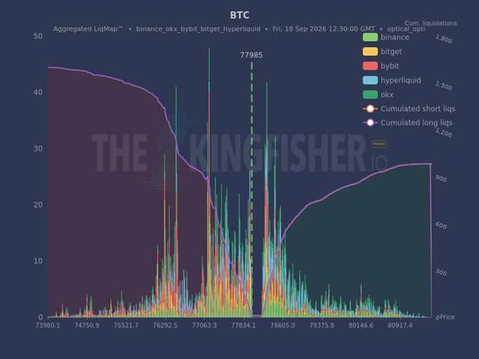 The image displays an aggregated BTC liquidation heatmap from binance_okx_bybit_bitget_hyperliuqid at 77,985, with a "THE KINGFISHER" watermark, showing significant long liquidation clusters (cumulative long liqs peaking at 2,500) stacked heavily below current price around 76,000-77,000 and lighter short liquidation levels above—visually confirming the post's observation that downside liquidity for longs is denser and closer to price than upside short liquidity, supporting the thesis of a potential downward sweep before a recovery.