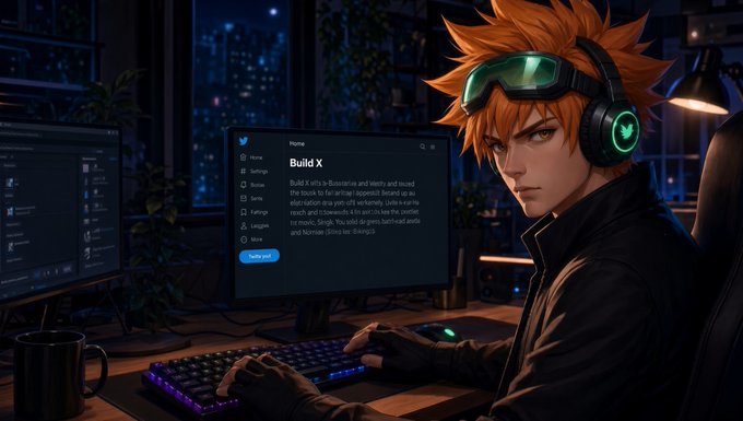 An anime-style illustration of an orange-haired character wearing a headset and VR goggles, working at a glowing computer setup in a dark room.