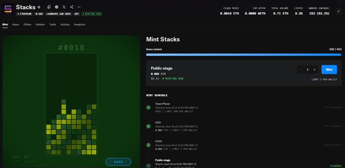 The image shows a computer screen displaying a website called Stack Overflow, which has a green background with yellow squares. The main focus of the image is a post titled "Mint Stacks" that appears to be about a challenging project or game. The post also mentions that it was sold out and explains why.