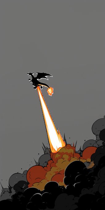 A black and white illustration shows a dragon soaring above an explosion of orange fire and dark smoke against a gray sky.
