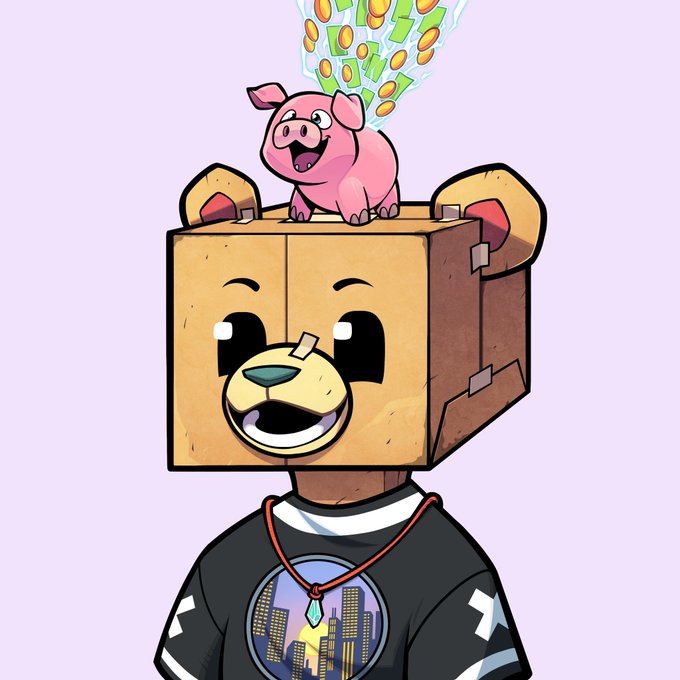 A cartoon illustration of a character wearing a cardboard box shaped like a bear's head, with a small pink pig sitting on top and a stream of money (coins and bills) floating above the pig.