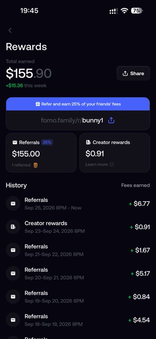 A mobile app screenshot showing a 'Rewards' page with a total earned amount of $155.90, including referral and creator rewards, along with a transaction history.