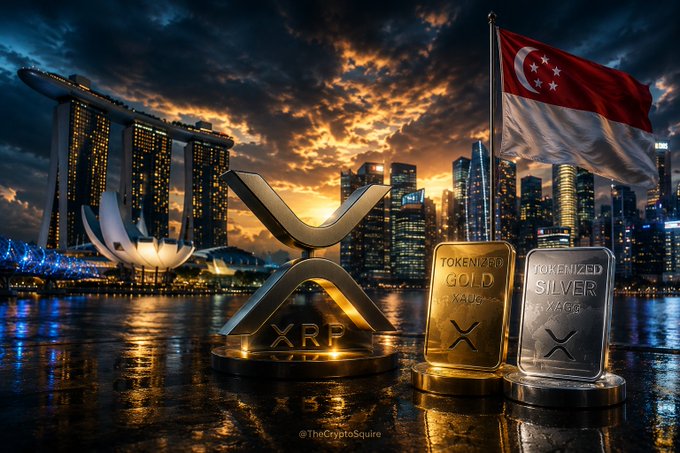 The image features a glowing XRP logo alongside tokenized gold ("XAu") and silver ("XAg") bars, set against the Singapore skyline at sunset with Marina Bay Sands visible and the Singapore flag waving. This visually reinforces the post's message that Singapore has launched tokenized precious metals on the XRP Ledger, with XRPL positioned at the center of traditional wealth going onchain.