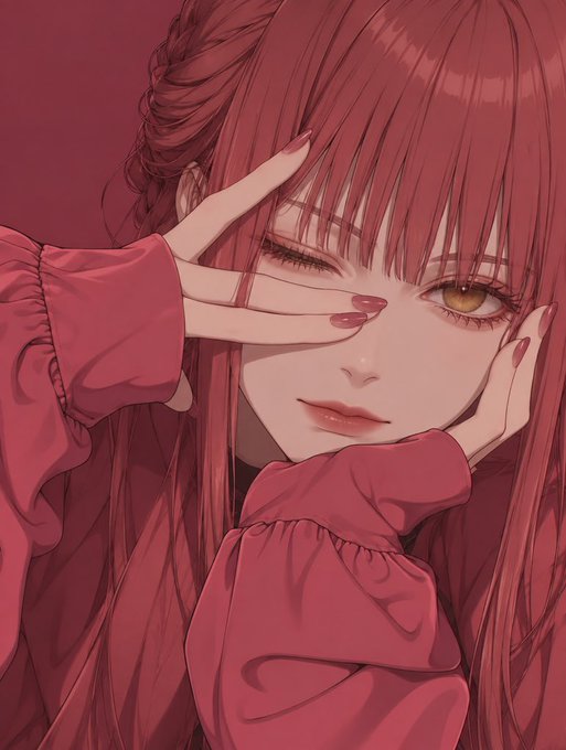 An anime-style illustration of a girl with long red hair, wearing a red top, with one hand covering her eye and a slight smile.