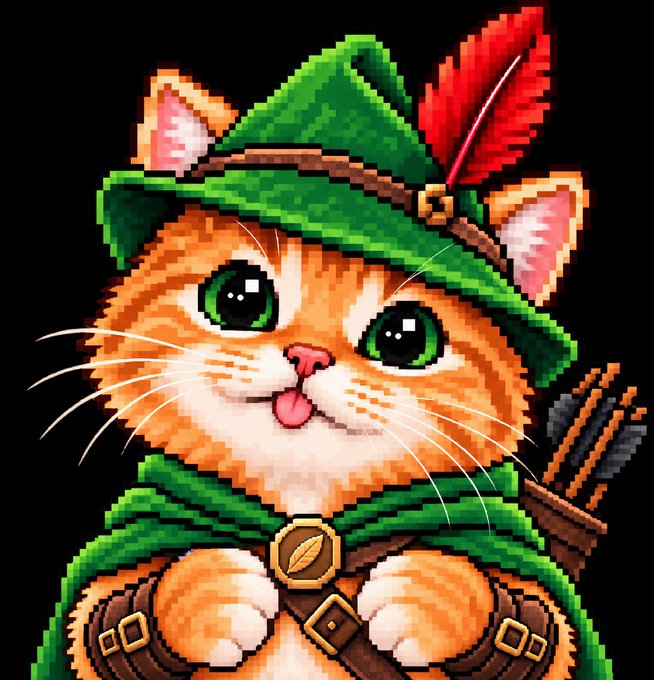 A cute pixel-art orange cat dressed as a Robin Hood-style archer with a green hat, red feather, and bow appears as a mascot for the poster's crypto promotion, tying into the $pepe reference through its cat-like charm meant to build credibility for their new token call.