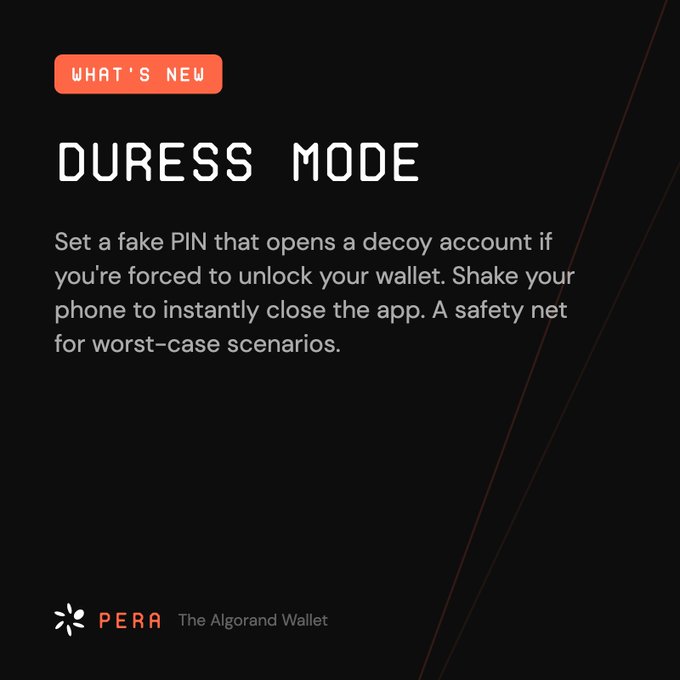 A dark promotional graphic for PERA, "The Algorand Wallet," advertises a new "DURESS MODE" feature that allows users to set a fake PIN for a decoy account and shake their phone to close the app.