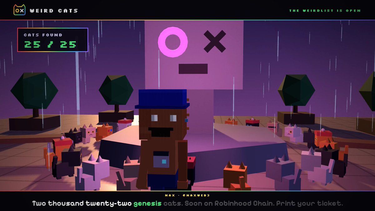 A pixelated brown character wearing a blue cap stands surrounded by small blocky cats of various colors, with a giant purple "OX" symbol looming in the background. The image shows a "Weird Cats" NFT collection promotion displaying "25/25 CATS FOUND" and noting "Two thousand twenty-two genesis cats" arriving "Soon on Robinhood Chain."
