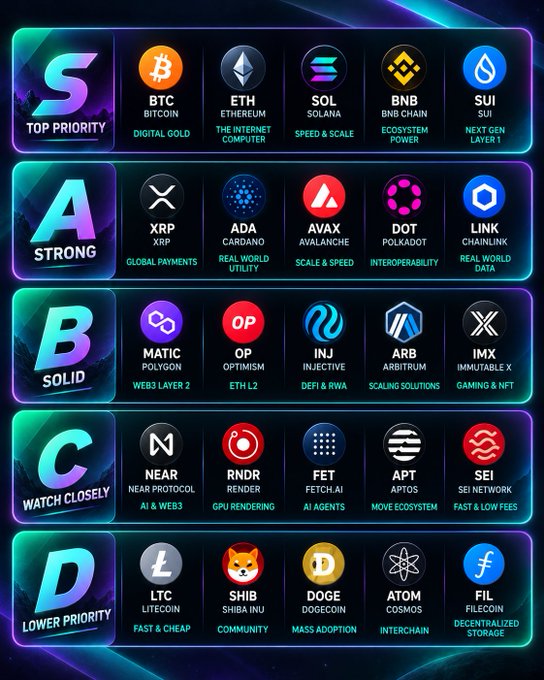 A neon cryptocurrency ranking chart places BTC, ETH, SOL, BNB, and SUI in “S TOP PRIORITY,” followed by XRP, ADA, AVAX, DOT, LINK, MATIC, OP, INJ, ARB, IMX, NEAR, RNDR, FET, APT, SEI, LTC, SHIB, DOGE, ATOM, and FIL across tiers from Strong to Lower Priority.