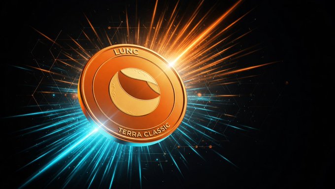 A glowing golden "LUNC Terra Classic" coin radiates bright orange and blue light streaks against a dark background, symbolizing the cryptocurrency featured in the post about new metrics and data visibility updates for the LUNC and USTC community pools.