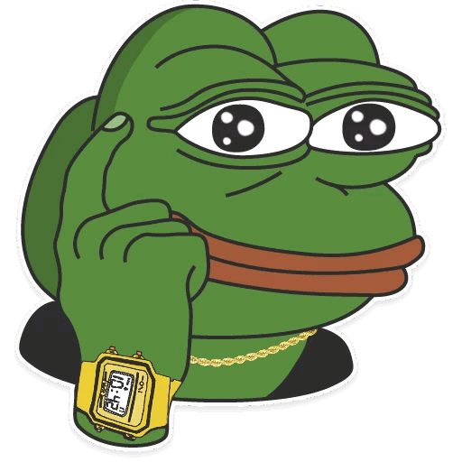 A cartoon Pepe the Frog wearing a gold chain and yellow watch, holding a finger up to his face.