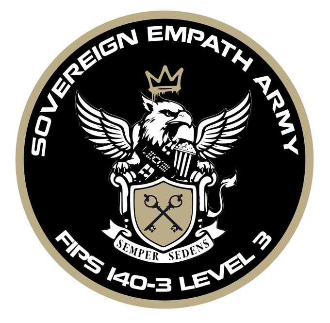 A circular emblem for the "Sovereign Empath Army" featuring a crowned griffin with spread wings, a shield with crossed keys, and the motto "SEMPER SEDENS," along with the text "FIPS 140-3 LEVEL 3."