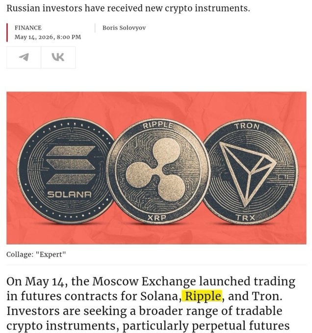 A news article from May 14, 2026, by Boris Solovyov, titled "Russian investors have received new crypto instruments," reports that the Moscow Exchange launched futures contracts for Solana (SOL), Ripple (XRP), and Tron (TRX), visually represented by three large coins of the respective cryptocurrencies against a red background.