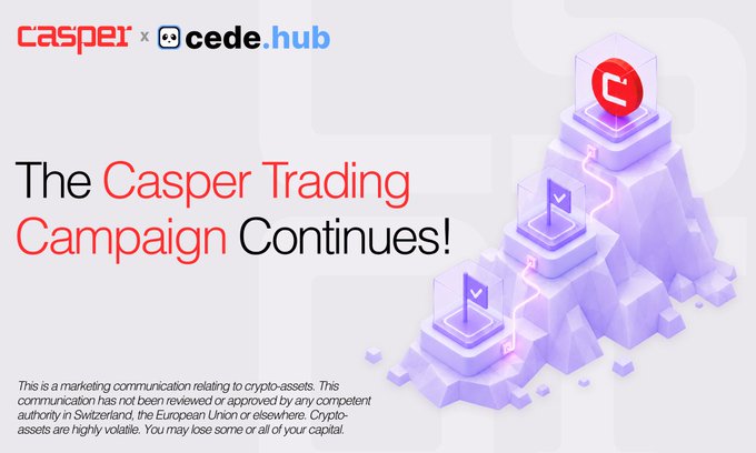 Promotional banner for "The Casper Trading Campaign Continues!" featuring the Casper (CSPR) and cede.hub logos, with an isometric illustration of purple mountain peaks topped with checkmark and Casper-branded cubes. The graphic supports the post announcing the campaign's expansion to OKX, enabling users to trade $CSPR via cede.hub's unified non-custodial interface.