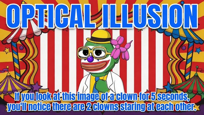 An optical illusion image labeled "OPTICAL ILLUSION" showing a clown against a circus tent background, with text claiming "If you look at this image of a clown for 5 seconds, you'll notice there are 2 clowns staring at each other."