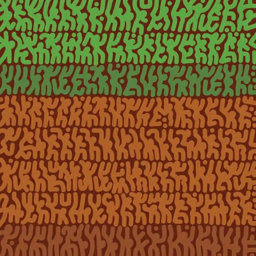 A patterned textile or wallpaper featuring stylized dancing figures, with green figures on the top half and orange figures on the bottom half against brown backgrounds.