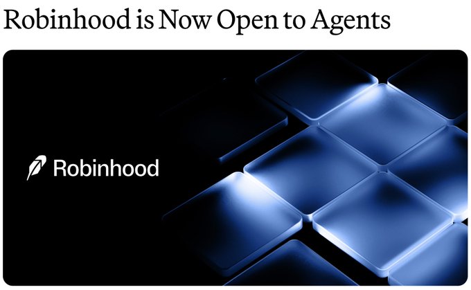 The image features a promotional poster for Robinhood, an online stock trading platform, that has just launched an agentic era. The poster showcases the Robinhood logo prominently displayed at the top center of the image along with the text "Robinhood is Now Open to Agents". It also hints about the new Agentic Trading and Agentic Credit Card options introduced by Robinhood, allowing users to connect with AI agents for trading or making purchases on their behalf. The poster has a modern design with blue and white colors that convey a sense of trust and reliability often associated with cryptocurrencies like Bitcoin.