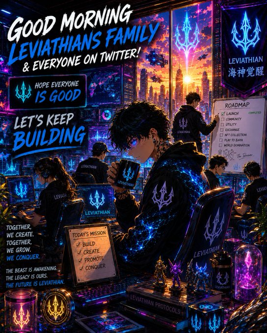 Vibrant Leviathans-themed digital artwork featuring team members working at computers displaying the project's trident logo, alongside a roadmap listing completed milestones ("LAUNCH," "COMMUNITY," "UTILITY") and a "Today's Mission" checklist of "BUILD, CREATE, PROMOTE, CONQUER," with motivational text declaring "Together, we create. Together, we grow. We conquer" — visually reinforcing the post's message of perseverance and continued building after launch despite bear market challenges.