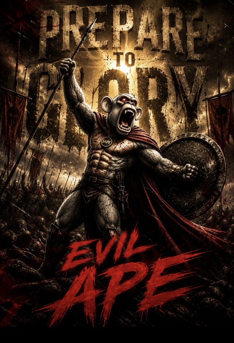 A fierce, battle-ready ape warrior brandishing a spear and shield stands amid a chaotic battlefield, with bold text reading "PREPARE TO DOOM" above and "EVIL APE" in red below—visually reinforcing the post's bullish rallying cry to send "all $APE" into the market.