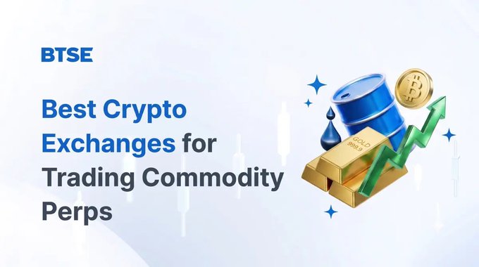 The post is titled "Best Crypto Exchanges For Trading Commodity Perps", which suggests that it contains information about cryptocurrency exchanges where trading commodities like oil, silver, or gold can be bought and sold. The image features an illustration of a coin with the words "gold-PERP." and "oil-PERP." below it, along with blue barrels containing oil and gold coins to emphasize the potential for gains in these asset classes. These illustrations aim to grab viewers' attention and convey the idea that such exchanges are suitable options for investment opportunities in commodities trading.