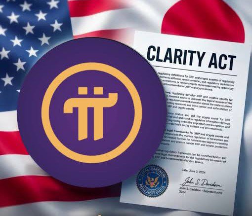The image features the Pi cryptocurrency logo superimposed over the American and Japanese flags, with a document titled "CLARITY ACT" and signed by John S. Davidson. This visual suggests a connection between Pi, regulatory frameworks like the CLARITY Act, and international relations.