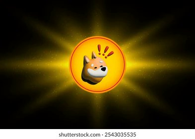 Shutterstock-style stock image featuring a Shiba Inu dog meme token icon with exclamation marks inside an orange circle, glowing against a dark background.