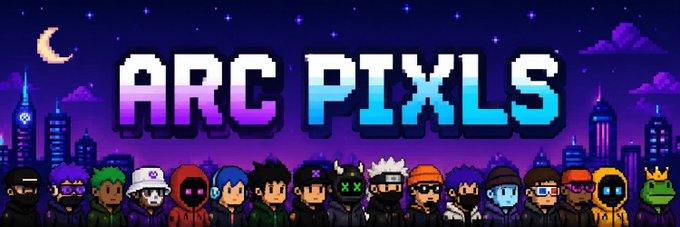 The pixel art logo 'ARC PIXLS' is displayed in a gradient of white, pink, and blue above a row of diverse pixel art characters, set against a nighttime cityscape silhouette.