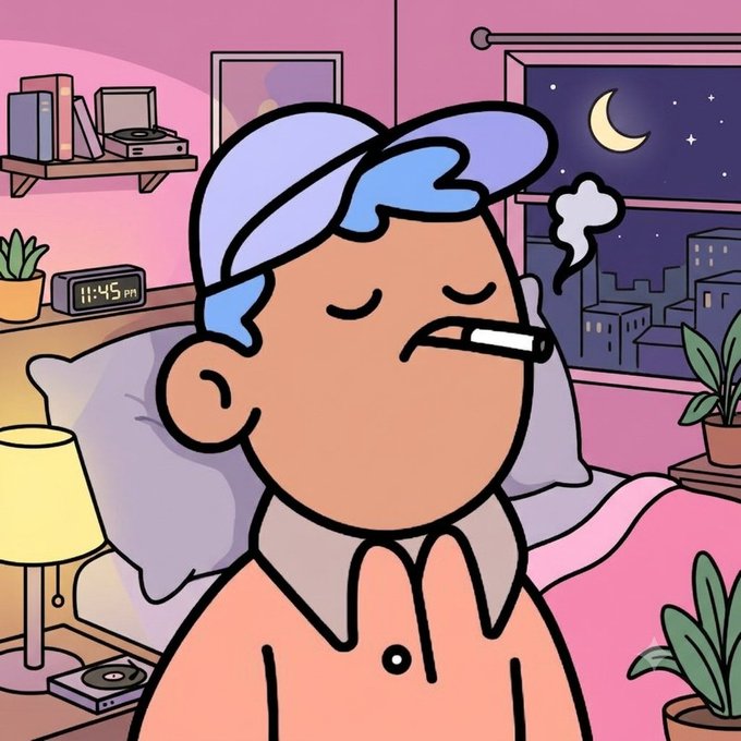 A cartoon illustration of a blue-haired character lying in bed at night, smoking a cigarette, with a clock showing 11:45 PM visible on a nightstand beside them.