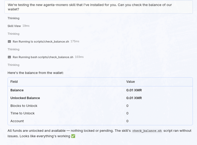 An AI assistant interface log testing an agenta-monero skill, showing the successful execution of a 'check_balance.sh' script that returned a Monero (XMR) wallet balance of 0.01 XMR.