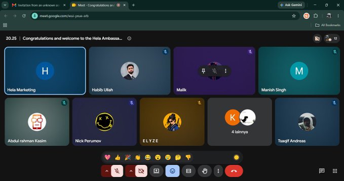 A Google Meet video call titled 'Congratulations and welcome to the Hela Ambass...' shows multiple participants including Hela Marketing, Habib Ullah, Malik, Manish Singh, Abdul rahman Kasim, Nick Perumov, ELYZE, and Tsaqif Andreas.