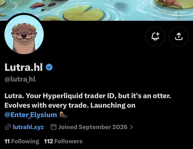 A screenshot of the Lutra.hl Twitter/X profile (@lutra_hl), described as a "Hyperliquid trader ID" featuring an otter mascot, with 112 followers and a launch announcement for @Enter_Elysium, matching the post about its launch on the Hyperliquid L2 platform.