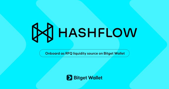 A promotional graphic on a cyan background displays the Hashflow logo alongside the text "Onboard as RFQ liquidity source on Bitget Wallet," with the Bitget Wallet logo at the bottom, visually announcing Hashflow's new integration as a Request-for-Quote liquidity source that delivers better pricing, no slippage, and MEV frontrunning protection.