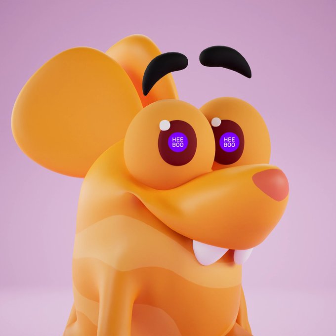 A 3D-rendered orange cartoon mouse with large expressive eyes containing purple irises labeled "HEE BOO" appears on a pink background. The image ties into the post's promotion to "Buy $HEEBOO" by playfully incorporating the token's name into the character's eyes as if urging viewers to take action before the August TGE.