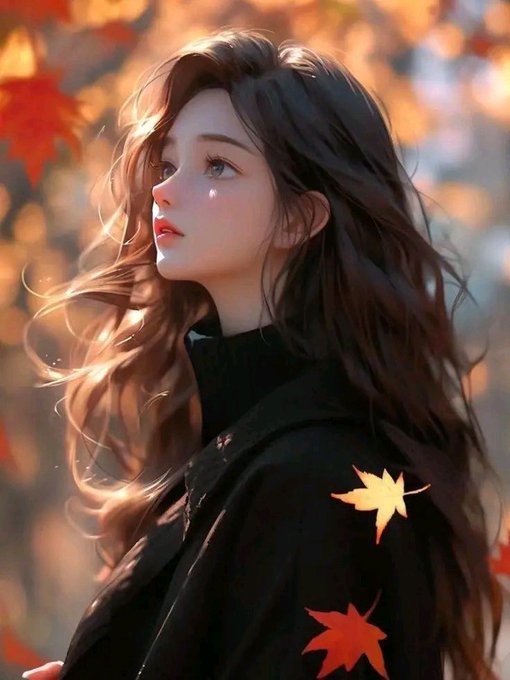 A woman with long, wavy brown hair gazes upward against a backdrop of autumn leaves, wearing a dark coat with maple leaves resting on her shoulder. The image evokes a serene moment of reflection and recharge, aligning with the post's message of pausing to clear one's mind after a day of building in the Web3 space.