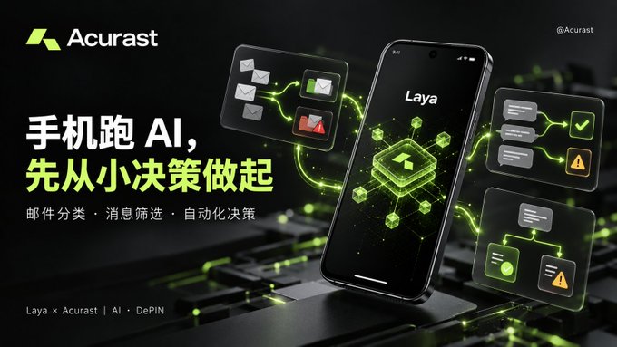 A promotional graphic for 'Acurast' featuring a smartphone displaying 'Laya' and Chinese text '手机跑 AI，先从小决策做起' along with email classification icons against a dark tech-themed background.