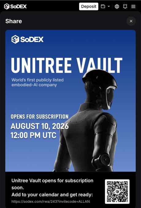 The image shows a SoDEX promotional poster for the "UNITREE VAULT," advertising it as the "World's first publicly listed embodied-AI company," with subscription opening on August 10, 2026, at 12:00 PM UTC, alongside a futuristic humanoid robot figure and a QR code for the invite link. The accompanying post reflects anticipation to subscribe to the vault despite not participating in the prior Unitree vote, aligning with the promotional message of upcoming access.