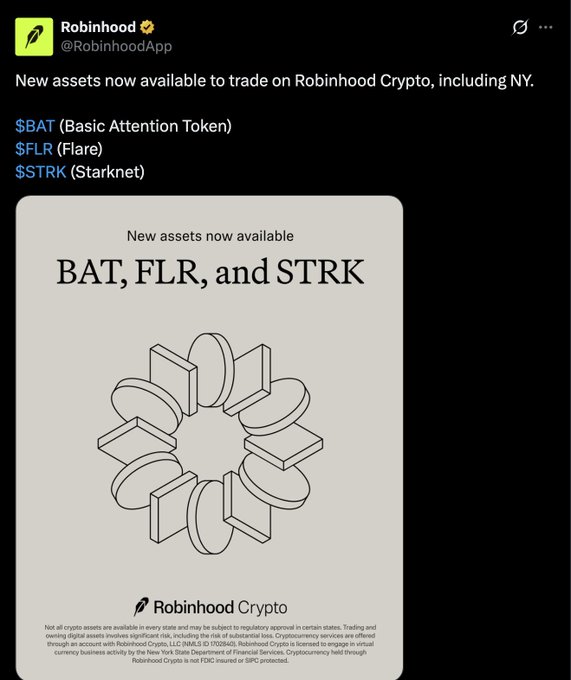 The image features a post from Robinhood that discusses a new asset for trading called "BAT, FLR, and STKR". The post also mentions that these assets are now available at $0.25 per share. In addition, the post includes some text about Robinhood offering basic attention tokens (SAT) on the platform.