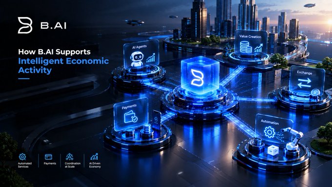 A futuristic infographic titled 'B.AI - How B.AI Supports Intelligent Economic Activity' depicts interconnected blue holographic nodes representing AI Agents, Value Creation, Exchange, Payments, and Automation.