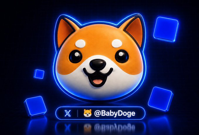 A cute cartoon Shiba Inu dog face glows in vibrant orange and white with a neon blue outline, displayed alongside a floating X (Twitter) handle "@BabyDoge" against a dark blue background with floating blue cubes, branding the image as the official BabyDoge meme coin mascot that the poster just purchased on the Base network.