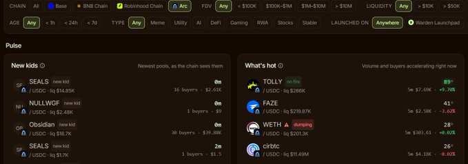 A crypto token tracker interface showing 'Pulse' with 'New kids' and 'What's hot' sections, featuring tokens like SEALS, NULLWGF, Obsidian, TOLLY, FAZE, WETH, and cirbtc with their market caps and price changes.
