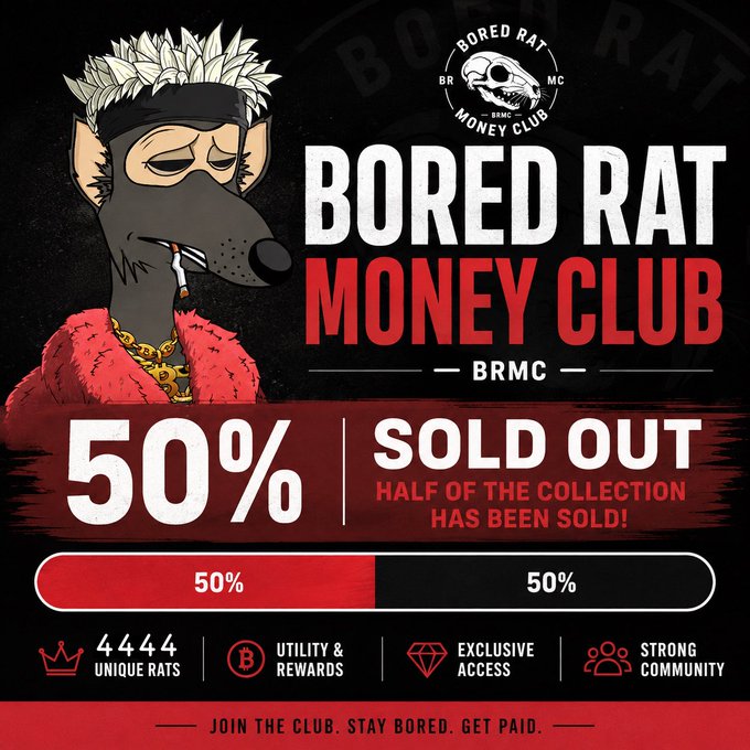 A promotional graphic for the 'BORED RAT MONEY CLUB' (BRMC) NFT collection features a cartoon rat smoking a cigarette and wearing a gold chain; text indicates '50% SOLD OUT' and highlights features like '4444 UNIQUE RATS', 'UTILITY & REWARDS', 'EXCLUSIVE ACCESS', and 'STRONG COMMUNITY'.
