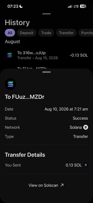 A mobile wallet app showing a transaction history with a detail page for a successful Transfer of 0.13 SOL sent on the Solana network on Aug 10, 2026.
