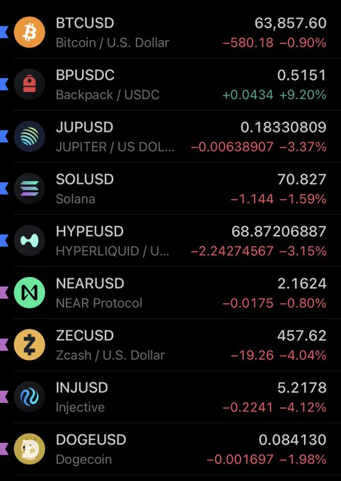 The image shows a list of different cryptocurrencies, including Bitcoin, USDC, Jupyter, Solana, Hyper Liquid, NAR Protocol, Zcash, Inusd, injective, and dogecoin. The post also mentions that there is $BP on top of the list.