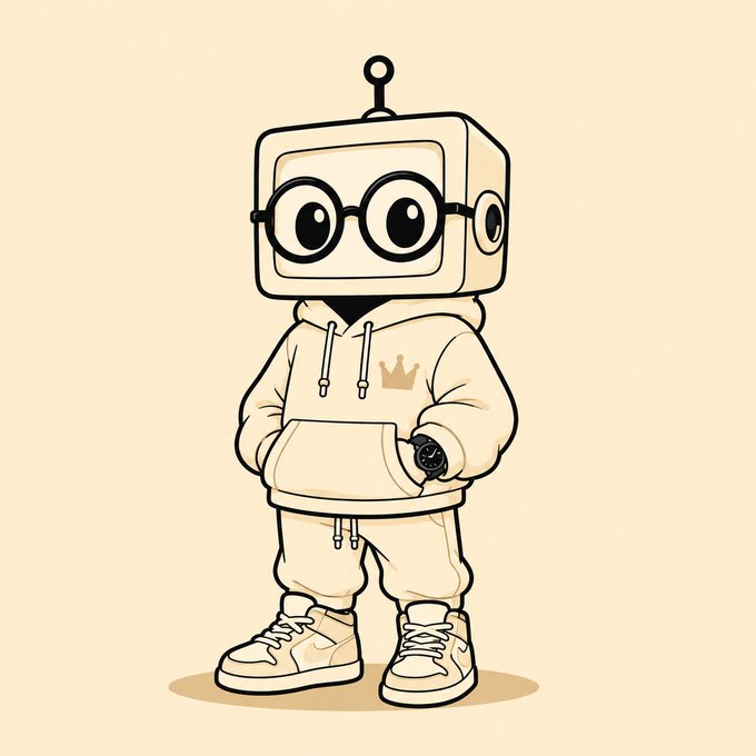 Cartoon illustration of a cute robot character with a TV-shaped head, round glasses, antenna, and a cream-colored hoodie with a small crown logo, wearing matching pants and sneakers.