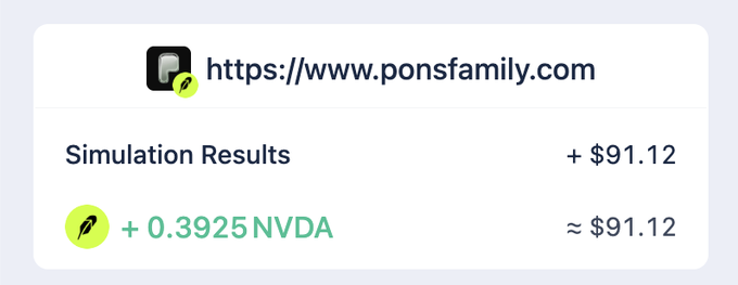 A webpage interface from ponsfamily.com displaying Simulation Results of +0.3925 NVDA valued at approximately $91.12.