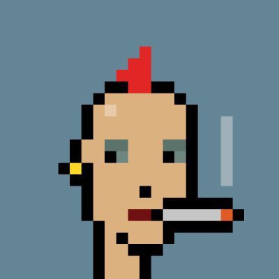 Pixel art illustration of a bald character with a red mohawk, an earring, and a cigarette in their mouth, set against a blue background.