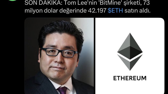 Breaking news headline in Turkish about Tom Lee's 'BitMine' company purchasing 42,197 ETH worth $73 million, shown alongside a photo of Tom Lee and the Ethereum logo.