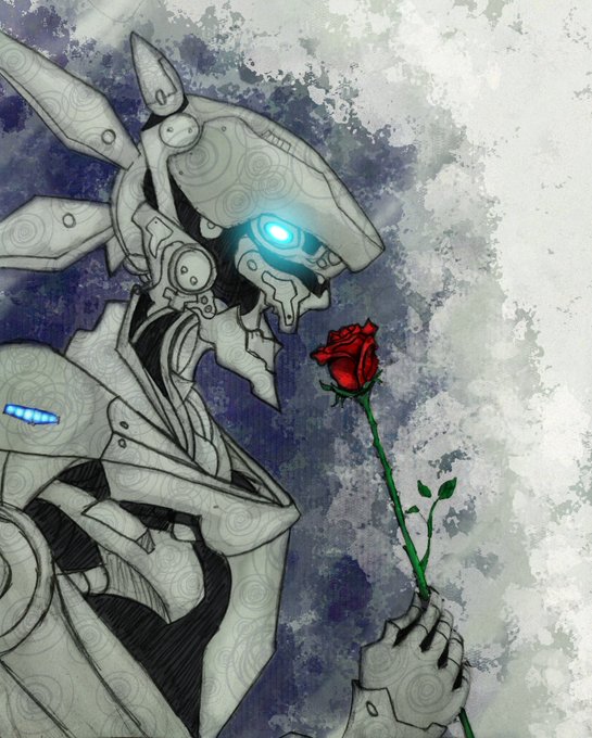 An artistic illustration of a mechanical robot with glowing blue eyes holding a red rose against a cloudy blue and white background.