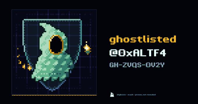 A pixel art graphic shows a hooded ghost figure with the text 'ghostlisted', '@0xALTF4', and a code 'GH-ZVQS-DV2Y'.