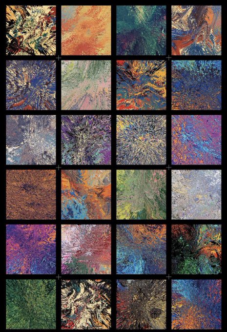 A grid of 24 colorful abstract art panels with textured, swirling patterns in various hues including orange, blue, green, purple, and red.